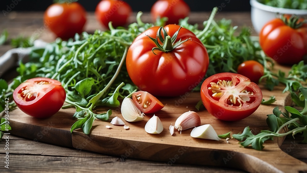 Fresh tomatoes on a cutting board, with arugula and garlic Fresh tomatoes on a cutting board, with arugula and garlic