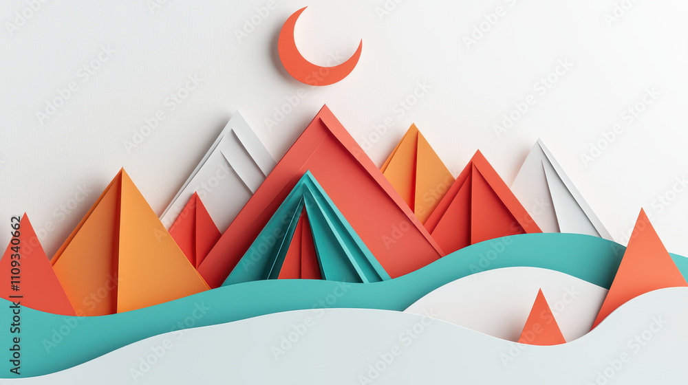Colorful layered paper mountains with crescent moon create vibrant scene against white background, evoking sense of creativity and imagination Colorful layered paper mountains with crescent moon create vibrant scene against white background, evoking sense of creativity and imagination