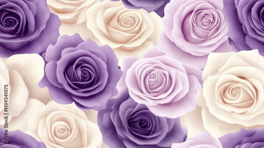 Seamless pattern featuring large white and purple roses perfect for stylish fabric designs and home decor Seamless pattern featuring large white and purple roses perfect for stylish fabric designs and home decor