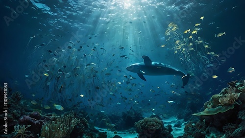 dolphin and planet, underwater in the ocean. A big dolphin is swimming