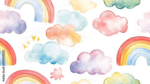 Watercolor seamless pattern of vibrant hand painted clouds and a colorful rainbow on a white background ideal for children s designs wedding invitations and party stationery