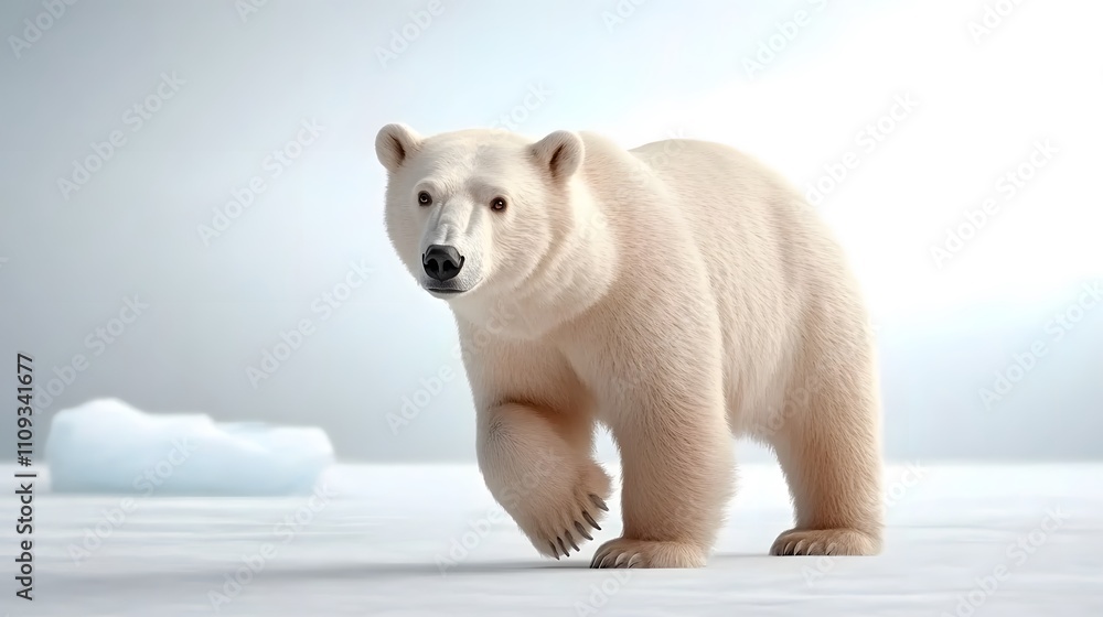 Polar bear walking along a frozen beach with floating icebergs in the distance, dramatic and serene, 3D rendering Polar bear walking along a frozen beach with floating icebergs in the distance, dramatic and serene, 3D rendering