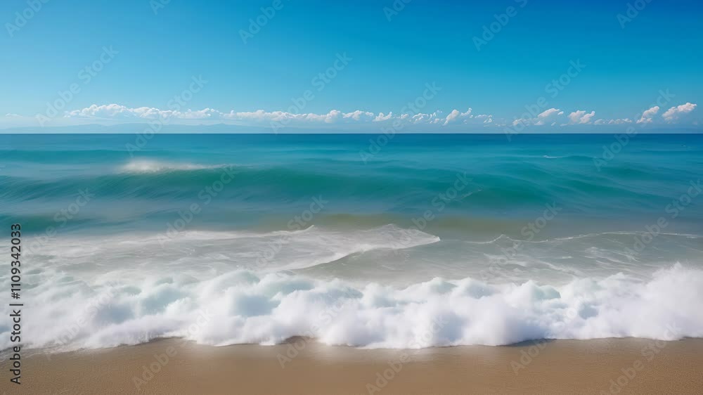 Beach Waves Crashing on Sandy Beach with Clear Blue Sky and White Clouds in Background Beach Waves Crashing on Sandy Beach with Clear Blue Sky and White Clouds in Background