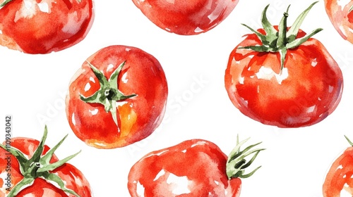 Seamless watercolor pattern of hand drawn ripe red tomatoes on a white background perfect for packaging design or culinary themes photo