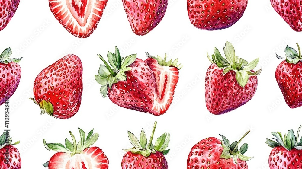Seamless design of watercolor strawberries on a crisp white backdrop vibrant fruit illustrations for textiles and decor Seamless design of watercolor strawberries on a crisp white backdrop vibrant fruit illustrations for textiles and decor