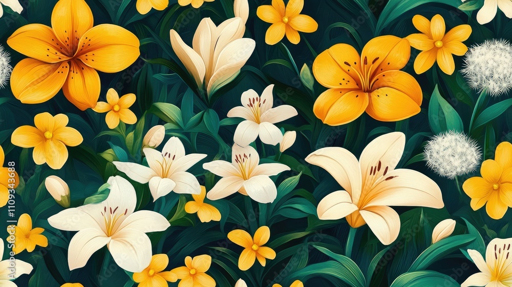 Obraz premium Joyful seamless pattern of an artist s canvas featuring a vibrant bouquet of lilies dandelions and jasmine perfect for wallpapers and posters cheerful design