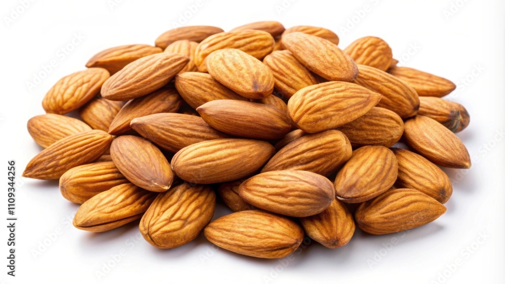 Obraz premium Ready-to-eat whole almonds isolated on white background, almonds, snack, food, healthy, nut, raw, vegan, vegetarian