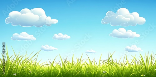 A flat, minimal grassy field with pastel green tones, white puffy clouds in a soft blue sky.