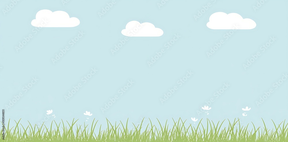 Obraz premium A flat, pastel-colored grassy field with soft green tones, white clouds in a pale blue sky.