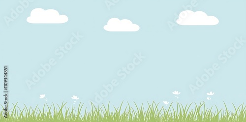 A flat, pastel-colored grassy field with soft green tones, white clouds in a pale blue sky.