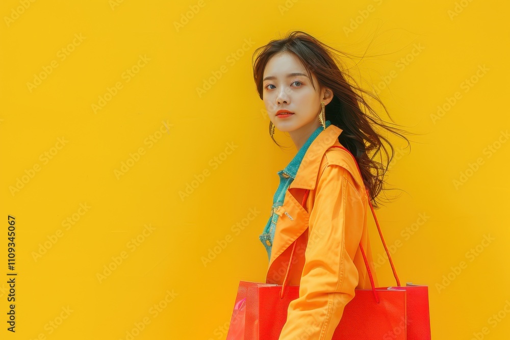 Elegant Asian woman in motion with shopping bags, full-length shot, colorful new boutique backdrop Elegant Asian woman in motion with shopping bags, full-length shot, colorful new boutique backdrop
