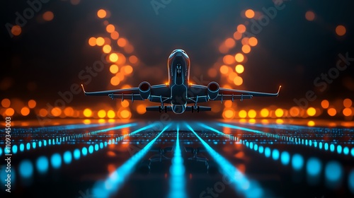 Futuristic airplane on a luminous runway, ready for takeoff, surrounded by vibrant, glowing lights in an atmospheric night setting.