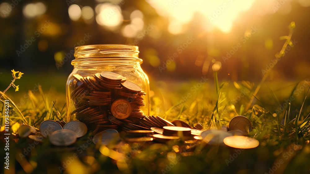 Glass Jar Filled With Coins In Golden Sunlight Glass Jar Filled With Coins In Golden Sunlight