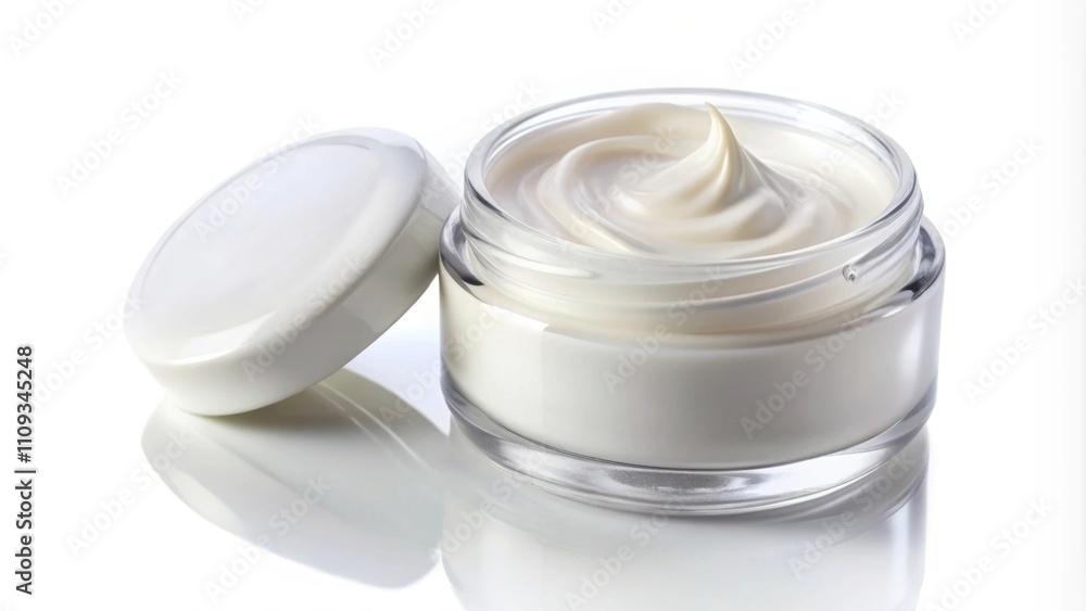 Close up of facial cream in a cream jar on a white background, skincare, beauty, cosmetics, moisturizer, hydration, natural Close up of facial cream in a cream jar on a white background, skincare, beauty, cosmetics, moisturizer, hydration, natural