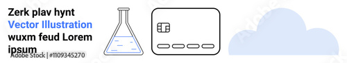 Text elements, laboratory flask with liquid, credit card with chip, and a cloud. Ideal for chemistry, finance, cloud services, technology data security educational and scientific themes. Landing
