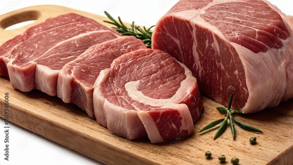 Fototapeta premium Cut sliced meat on wooden cutting board, 8k Resolution