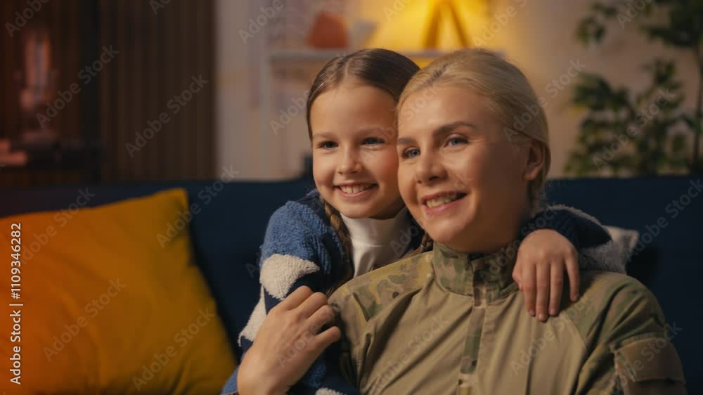 Positive little girl hugs her military mother tightly, celebrating their reunion Positive little girl hugs her military mother tightly, celebrating their reunion