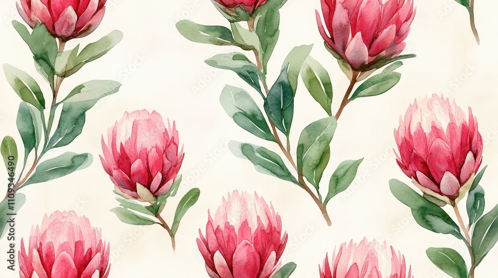 Seamless pattern featuring hand painted watercolor illustrations of isolated Protea flowers ideal for textile and wallpaper designs Seamless pattern featuring hand painted watercolor illustrations of isolated Protea flowers ideal for textile and wallpaper designs