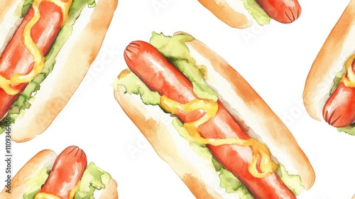 Watercolor illustration of a hand painted hot dog seamless pattern design for food themed projects culinary art photo