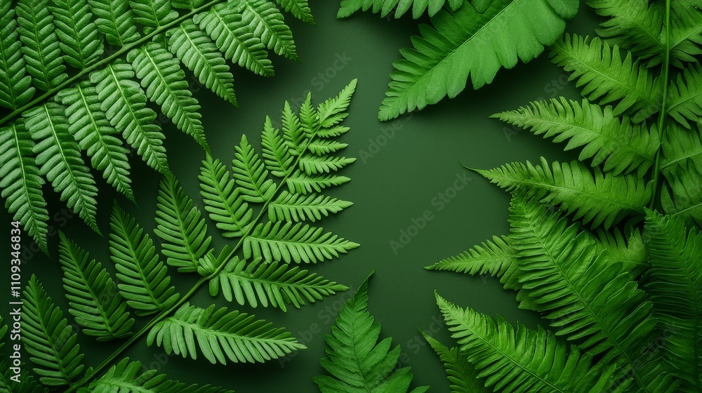 Lush green ferns arranged on a dark green background, creating a natural frame. Lush green ferns arranged on a dark green background, creating a natural frame.