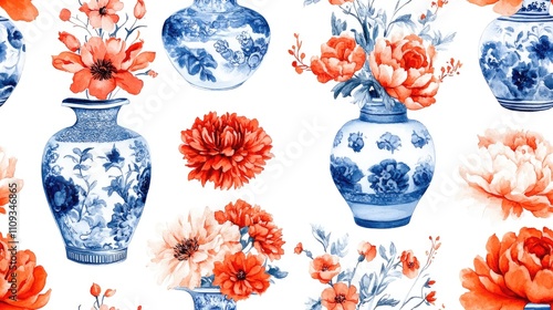 Fototapeta Naklejka Na Ścianę i Meble -  Seamless hand drawn watercolor pattern featuring vibrant flowers in chinoiserie vases perfect for textile design and home decor