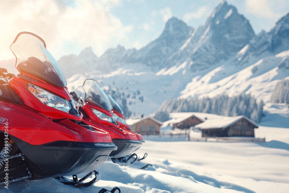 Red Snowmobiles in Line on Snowy Landscape. AI generated illustration Red Snowmobiles in Line on Snowy Landscape. AI generated illustration