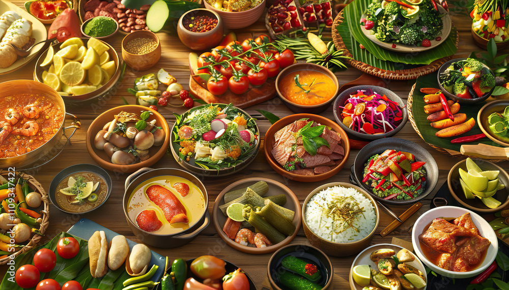 Fototapeta premium Ethnic Eats: A Culinary Tour of Global Flavors - Embark on a culinary journey around the world, exploring the diverse and delicious flavors of different cultures