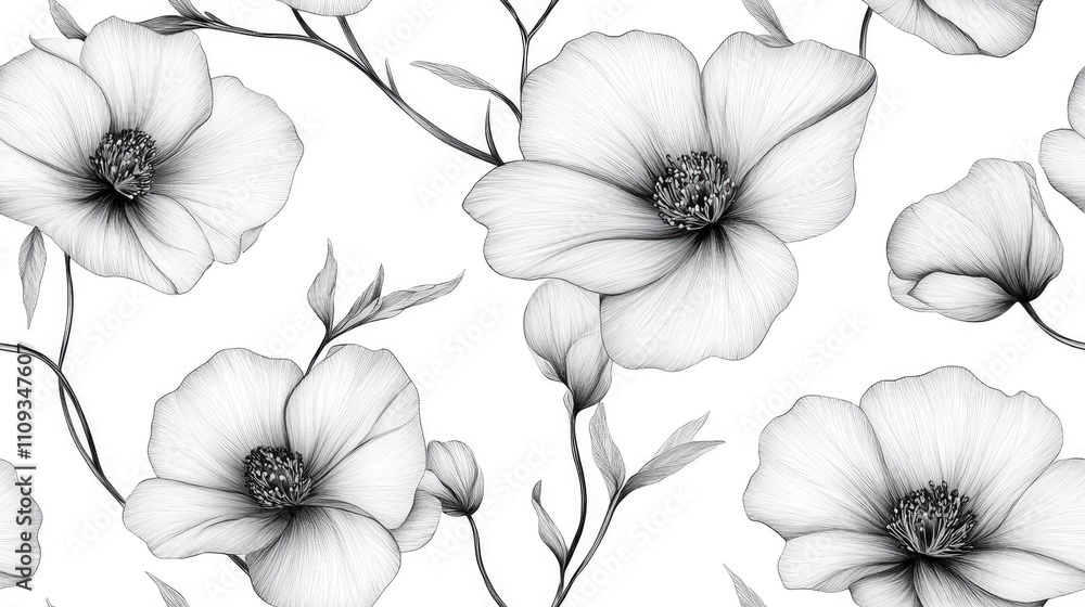 Floral seamless pattern featuring hand drawn illustrations on a clean white background perfect for textile design or wallpaper Floral seamless pattern featuring hand drawn illustrations on a clean white background perfect for textile design or wallpaper