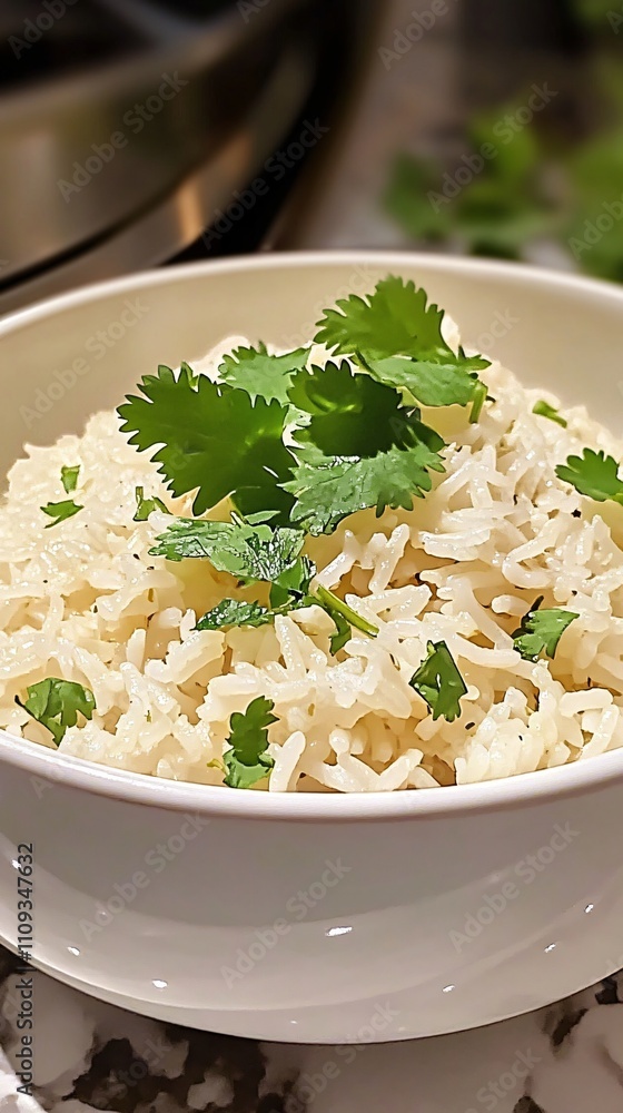 A bowl of fluffy white rice garnished with fresh cilantro leaves. A bowl of fluffy white rice garnished with fresh cilantro leaves.