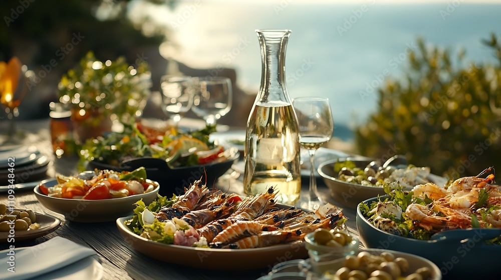 A Mediterranean-inspired summer table on a terrace, featuring grilled seafood, fresh salads, olives, and a carafe of chilled wine, with a view of the sunsetting over the sea A Mediterranean-inspired summer table on a terrace, featuring grilled seafood, fresh salads, olives, and a carafe of chilled wine, with a view of the sunsetting over the sea