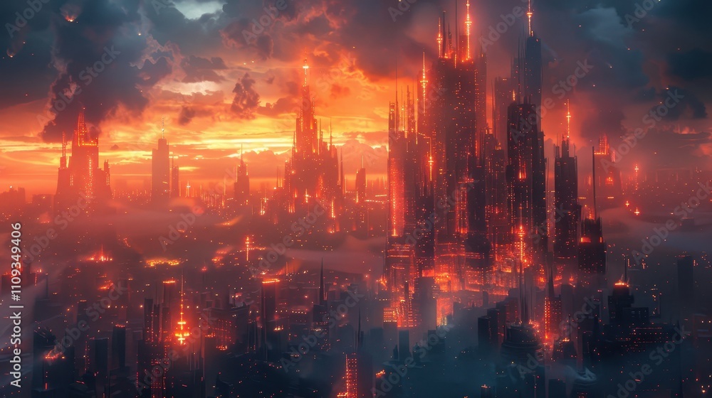 Fototapeta premium A breathtaking futuristic cityscape illuminated by fiery hues at sunset, featuring towering spires and a dramatic skyline shrouded in mist.