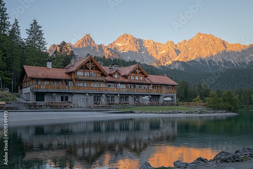 Sunrise Over Eibsee Lake with Majestic Mountains in the Background, AI generated illustration photo