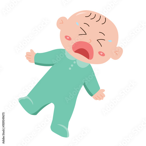 Crying Baby Illustration in Green Pajamas. suitable for parenting blogs, childcare resources, emotional communication guides, and baby sleep solution content