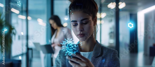 Woman using fingerprint authentication on mobile banking app for secure transactions photo