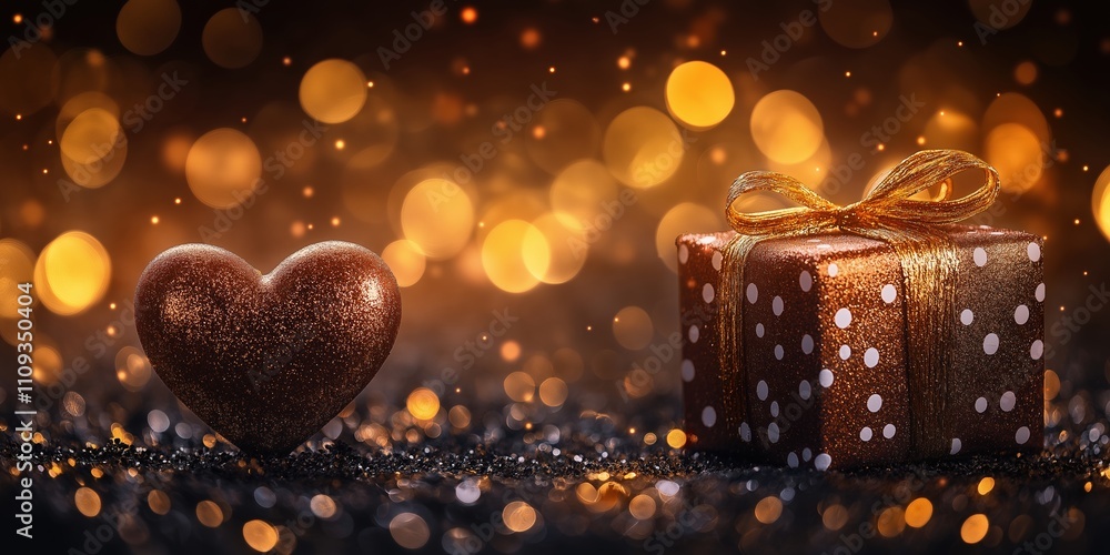 Golden heart ornament beside a polka-dot red gift box with a bow on a sparkling dark surface, representing love and elegance Golden heart ornament beside a polka-dot red gift box with a bow on a sparkling dark surface, representing love and elegance