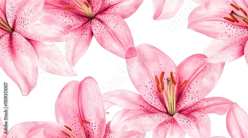 Seamless pink lily flower pattern on a clean white background vibrant watercolor illustration