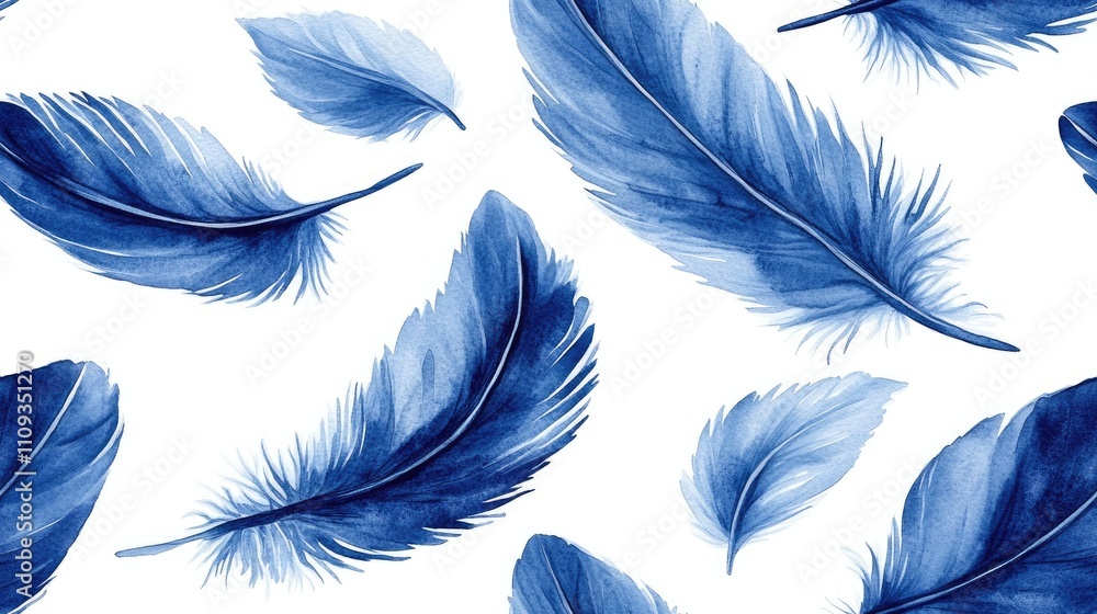 Seamless pattern of delicate watercolor blue feathers gracefully arranged on a white background perfect for textile design wallpapers and artistic projects Seamless pattern of delicate watercolor blue feathers gracefully arranged on a white background perfect for textile design wallpapers and artistic projects