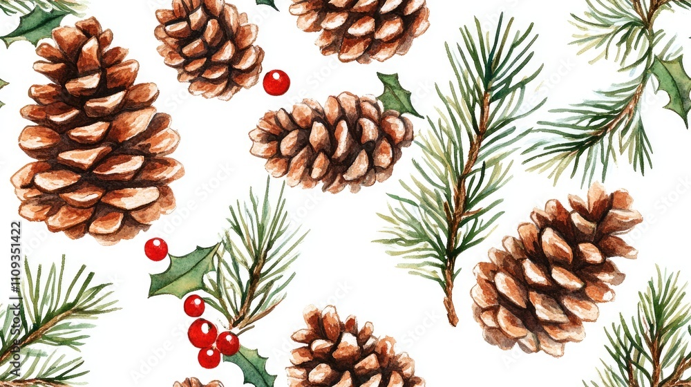 Obraz premium Seamless watercolor pattern of coniferous and holly branches with cones ideal for festive Christmas decor in eco friendly Scandinavian style