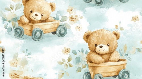 Seamless pattern featuring adorable teddy bears holding toy carts intricately painted in watercolor perfect for children s fabric or wallpaper photo