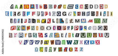 big set of cut-out english png alphabet from magazines on a transparent background, retro y2k ransom style