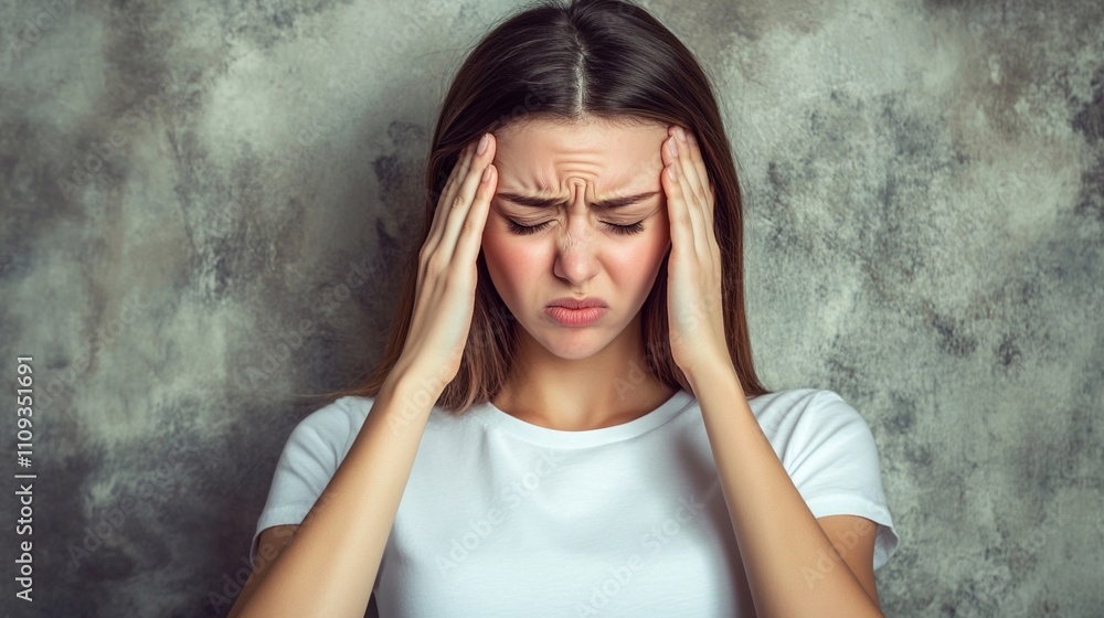 A young woman with a pained expression holds her head in distress, illustrating the concept of headaches or stress against a textured wall backdrop. Health and medical concept. A young woman with a pained expression holds her head in distress, illustrating the concept of headaches or stress against a textured wall backdrop. Health and medical concept.