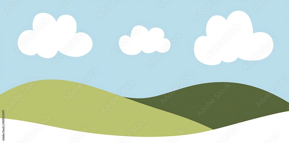 A grassy field in flat pastel green with a light blue sky and white clouds, drawn in a children's book style. A grassy field in flat pastel green with a light blue sky and white clouds, drawn in a children's book style.