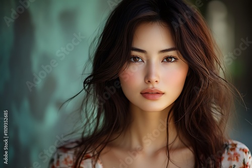 Calm Woman Headshot Natural Light, Windblown Hair, Defined Features