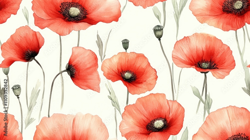 Obraz premium Seamless watercolor pattern featuring hand drawn red poppies on a soft pastel background ideal for textile design home decor and stationery