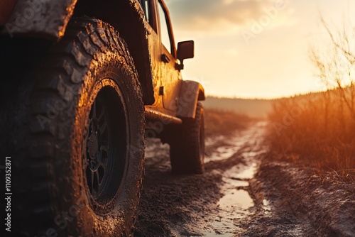 Off-Road Vehicle Tires on Dirt Path at Sunset. AI generated illustration