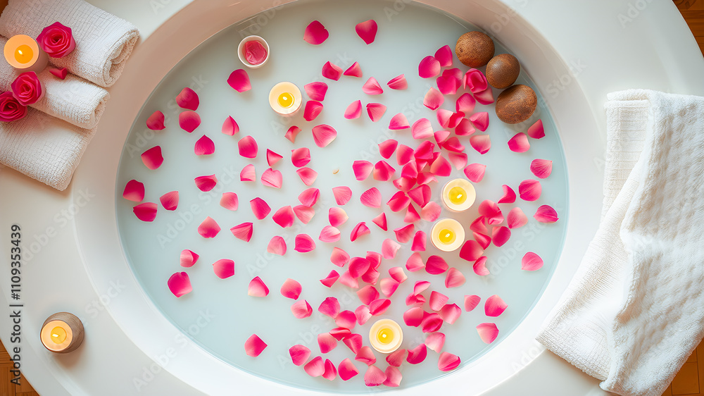 Spa treatment with rose petals and candles in a bathtub