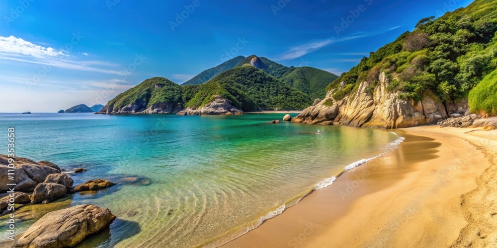 Obraz premium Beautiful sandy beach in Hong Kong with clear blue waters and rocky cliffs in the background, Hong Kong, beach, sand, water