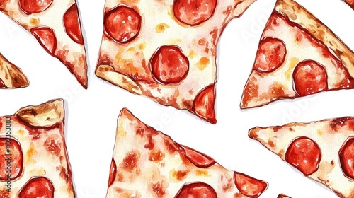 Seamless watercolor pattern featuring isolated pizza slices on a clean white background ideal for fast food and Italian cuisine designs