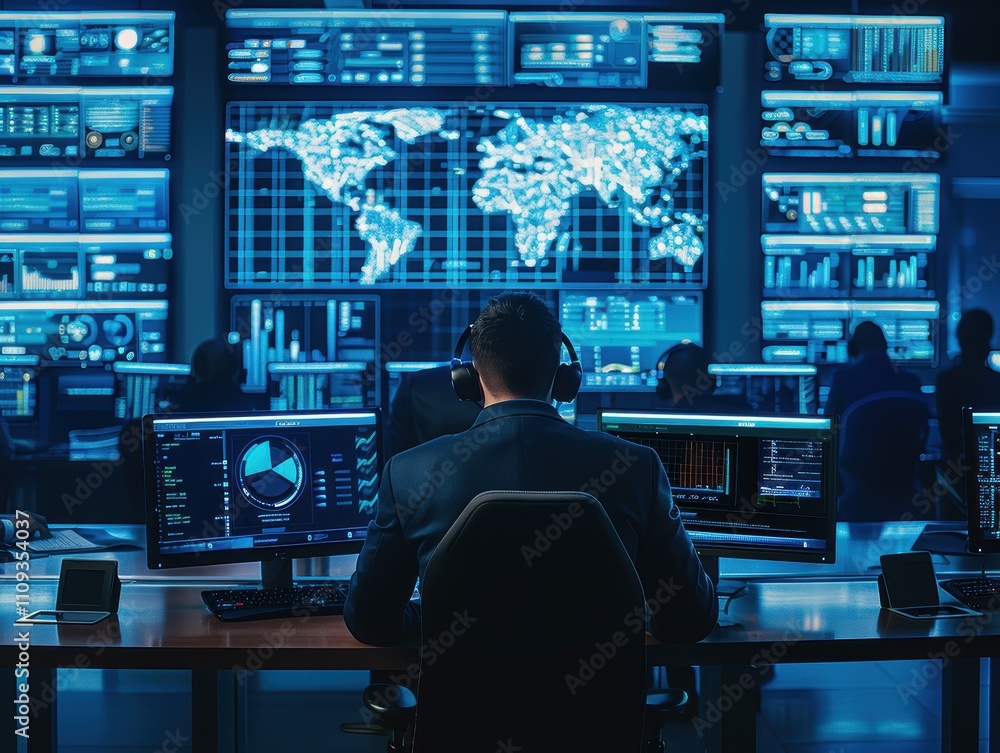 A control room with monitors displaying data and global maps. A control room with monitors displaying data and global maps.
