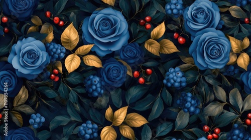 Seamless pattern of blue rose flowers lush green leaves and vibrant berries framed in gold ideal for wedding invitations and greeting card designs